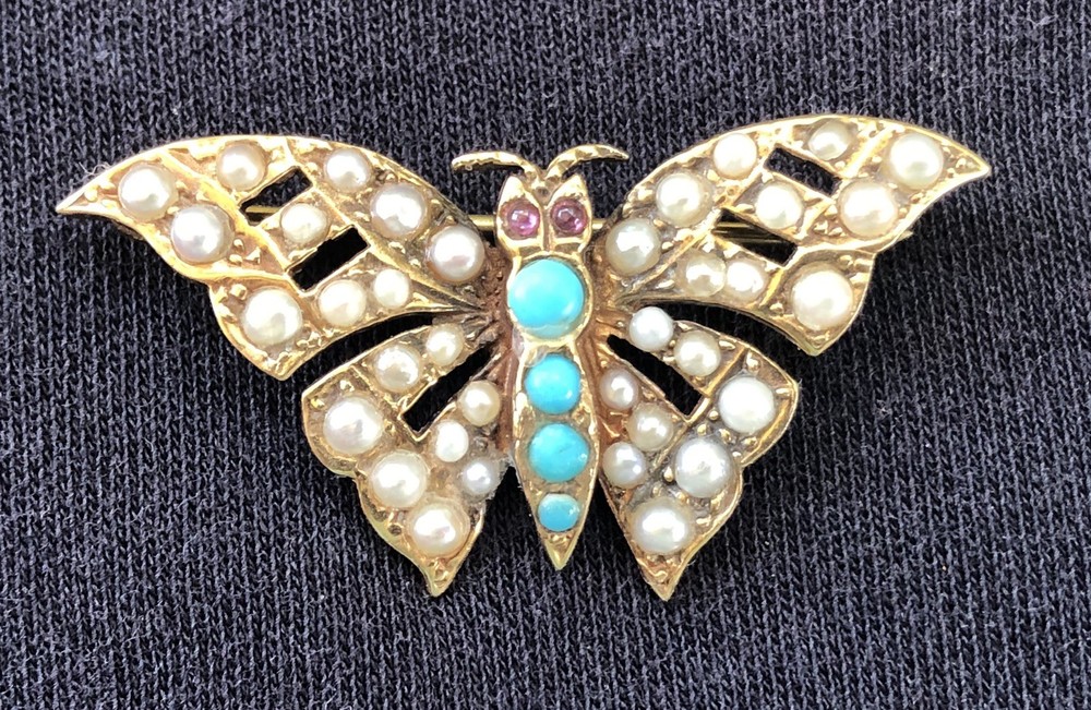 C1910 1920s Antique 15k / 15ct Gold Seed Pearl & Turquoise Butterfly Brooch Pin