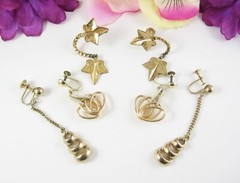 DANGLE GOLDTONE 3 Vintage Pairs EARRINGS Screwbacks Ivy Leaves Ovals 2 5/8″