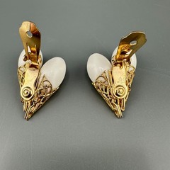 Vintage Napier Earrings Gold Tone Filigree Cap White Bead Tall Climber 1950s