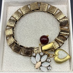 Vintage Japan Glass & Opalite Rhinestone Charms on New Antiqued Gold Book Chain