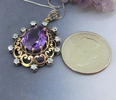 Antique 1.00 ct Amethyst 14k Gold & Silver .60 ctw Diamonds Old Minor Necklace