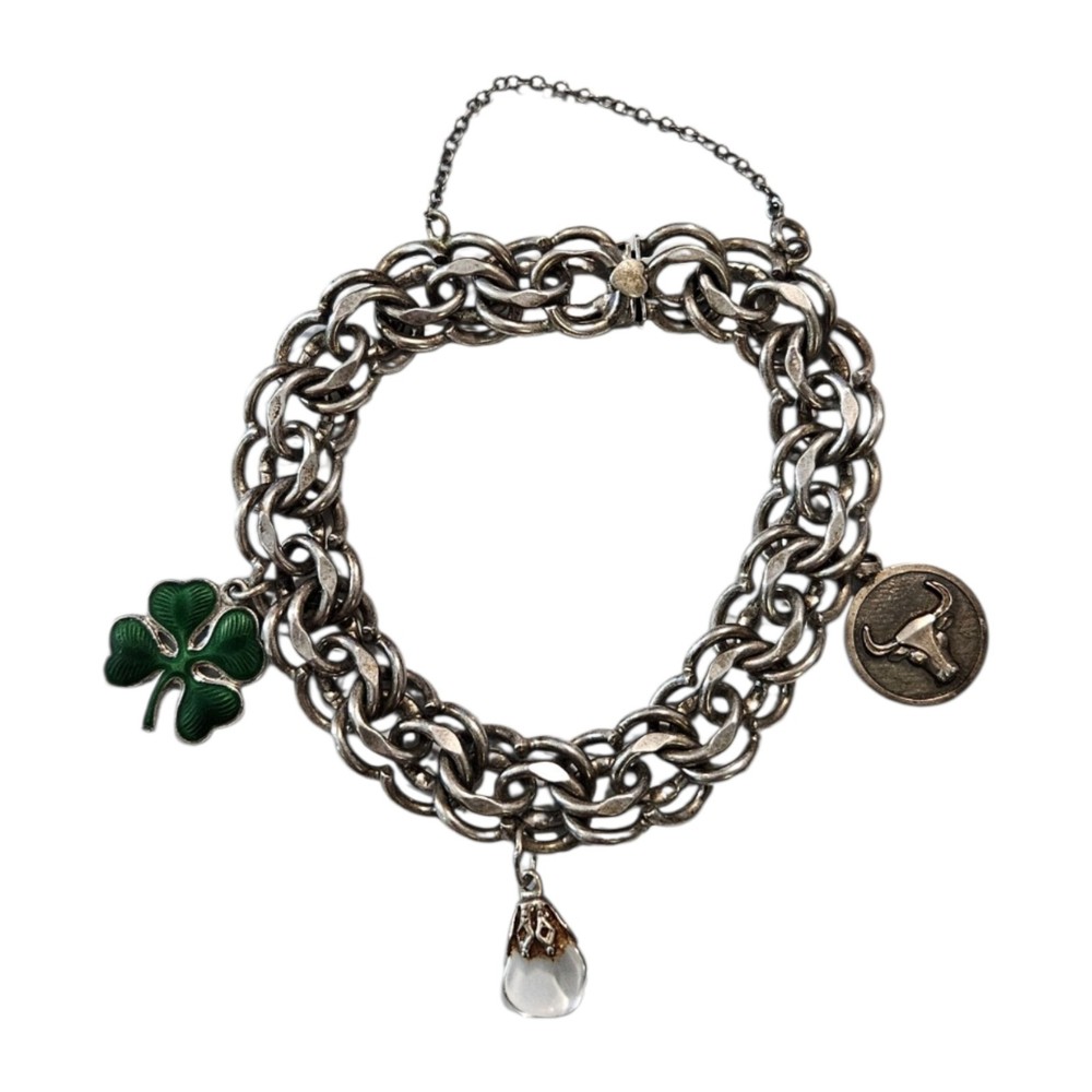 1950’s JMS Sterling Silver Multi Curb Link Charm Bracelet Heavy 44.9g Vintage