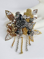 Large Vintage Rhinestone French Poodle Dog Brooch Pearls Leaves Dangling Chains