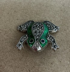 Vintage Green Enamel Marcasite Frog Silver Tone Toad Pin