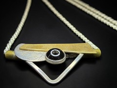 Signed Modernist Mixed Metal 925 Geometric Necklace Onyx Cabochon Pendant 21.1g