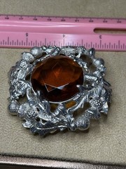 Vintage Scottish Thistle And Large Cognac Amber Stone Brooch Heavy Large