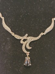 925 Sterling Silver Marcasite Necklace Black Teardrop Pendant Vintage Style 18″