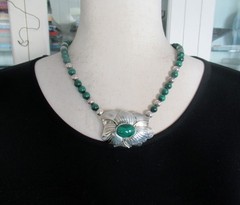 CAROL FELLEY VINTAGE STERLING NECKLACE w MALACHITE, 2 1/4″ PENDANT, 74 GRAMS