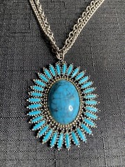 Vintage Signed Celebrity Silver Tone Faux Turquoise Starburst Pendant Necklace