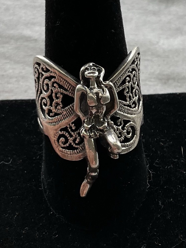 925 Sterling Silver Detailed Fairy Ring Size 9.5 Vintage Estate Jewelry