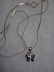 18K GP butterfly pendant necklace, purple stones, prong set, 18″