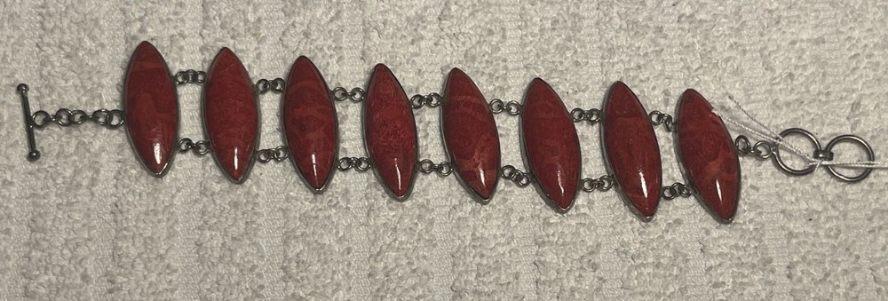 Vintage Sterling Silver 925 Cabochon Red Coral 6″ Bracelet 22.9g marquise shape
