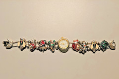 Christmas Holiday Jewelry Lot Brooches Pins Watch Charm Bracelet Pouch 11 Pc
