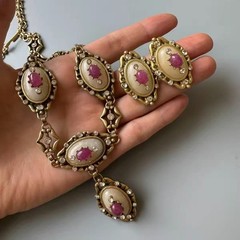 Vintage Victorian Pink Stone Necklace Set Estate Statement Jewelry Gift for Her