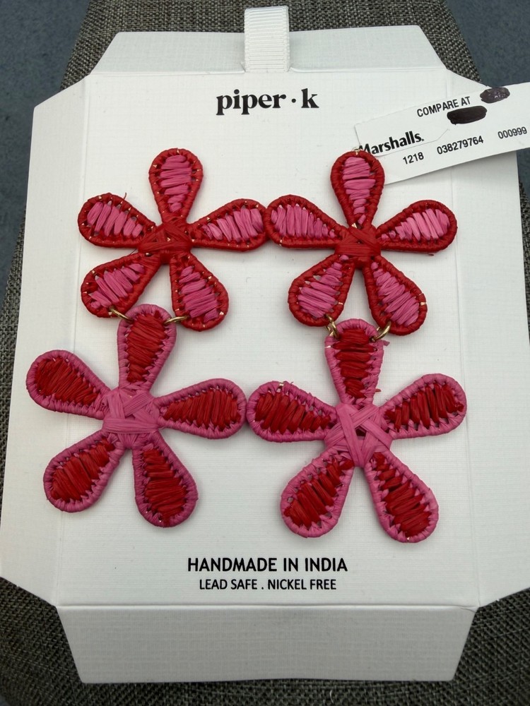 Piper K Flower Pierced Earrings 3.5 In Drop Red Pink Raffia Boho Barbie Retro
