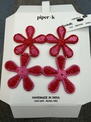 Piper K Flower Pierced Earrings 3.5 In Drop Red Pink Raffia Boho Barbie Retro