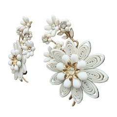 1950s Coro White Plastic Floral Bouquet Ear Climber Clip Earrings