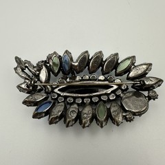 Vintage Rhinestone Brooch Blue Green Black Navette Cabochon Layered Statement