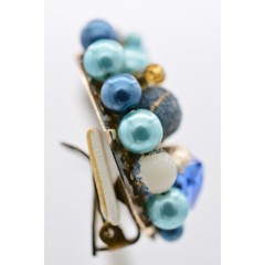 Japan Vintage Beaded Clip On Earrings Blue Crystal Cluster Chunky Signed BinU