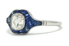 Antique Old Mine Cut Diamond & Sapphire Art Deco Style Engagement Ring