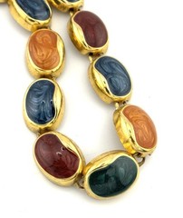 Vintage Gold Tone Multicolor Enamel Cabochon Link Necklace Adjustable 16-19″