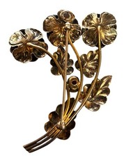 VINTAGE 12 KT GF on STERLING SILVER VERMEIL RED RHINESTONES FLOWER BROOCH 1940s