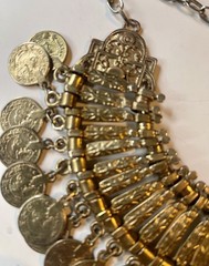 VTG ESTATE BOHO TRIBAL BIB STYLE HAMMERED BRASS COIN COLLAR NECKLACE BELLY DANCE