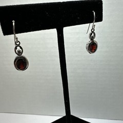 LUC 925 Garnet Bezel Set Earrings Sterling Dangle Drop Vintage 24mm Long