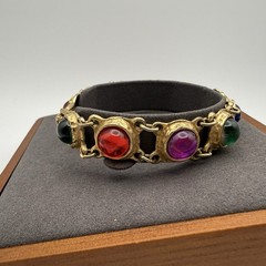 Vintage Rainbow Lucite Cabochon Gold Tone Link Bracelet Brutalist Modernist 7.5″