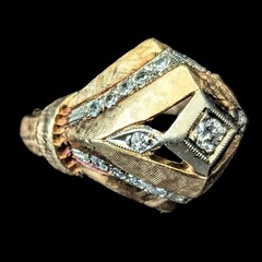 Vintage 1940s Retro Diamond Dome Heavy Ring 14k Two-Tone Gold Cocktail