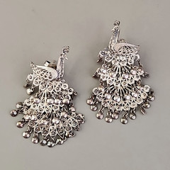 Vintage Sterling Silver Peacock Earrings Cannetille Filigree Articulated Dangles