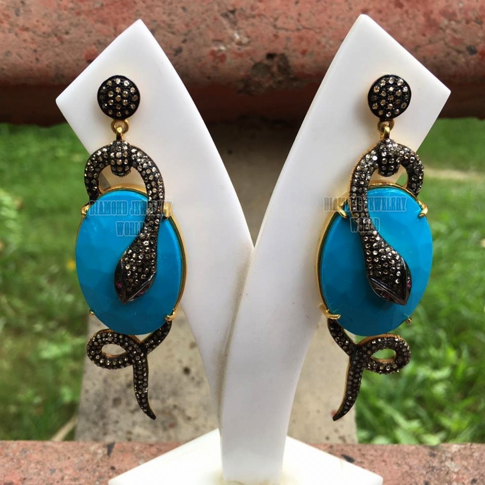 Stunning 2.90ctw Rose Cut Diamond Turquoise Silver Vintage Snake Earring Jewelry