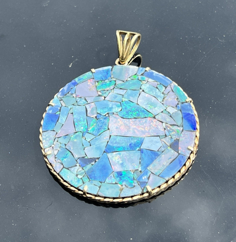 Large Vintage 14K Gold Rope Design Opal Mosaic Statement Pendant 2 5/8″ length