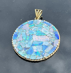Large Vintage 14K Gold Rope Design Opal Mosaic Statement Pendant 2 5/8″ length