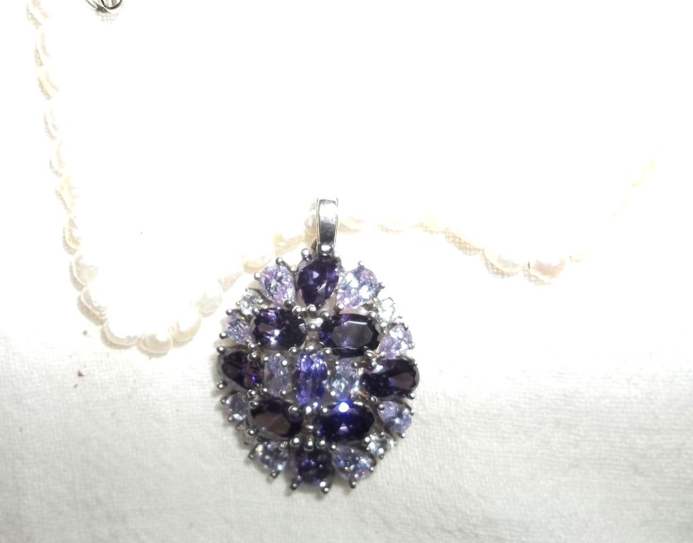 Sterling Silver PENDANT PURPLE LAVENDER RHINESTONES Lovely Faux Pearl NECKLACE