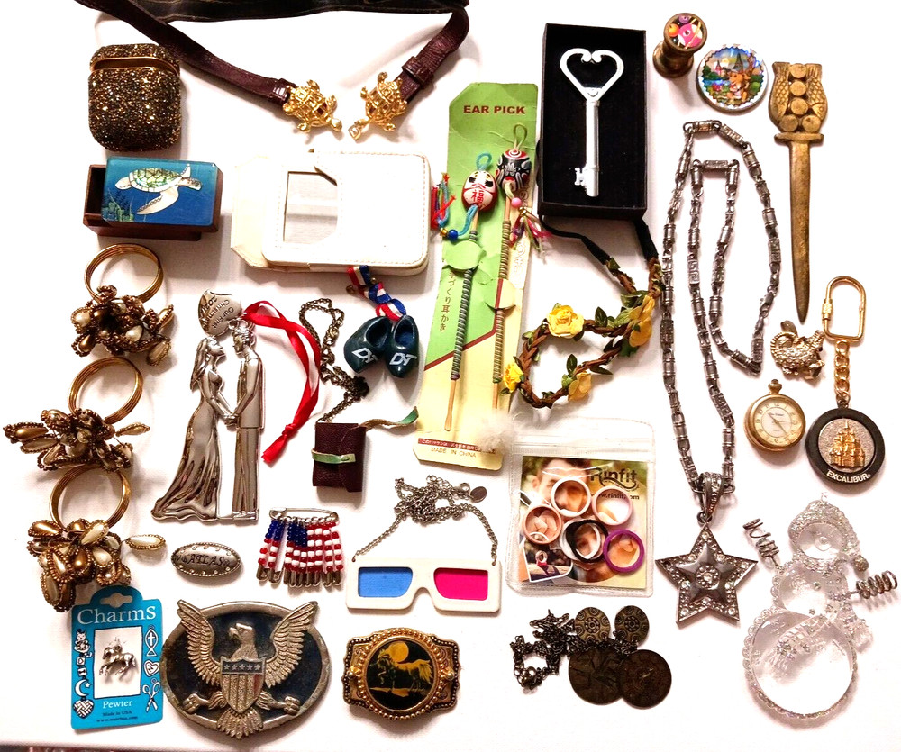 Lot of Odd Metal Items Belt buckles, ornaments, stop watch, rings, key chain +