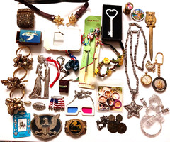 Lot of Odd Metal Items Belt buckles, ornaments, stop watch, rings, key chain +