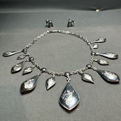 Siam sterling silver Niello bib necklace & Earings 1930’s – 50’s teardrop charms