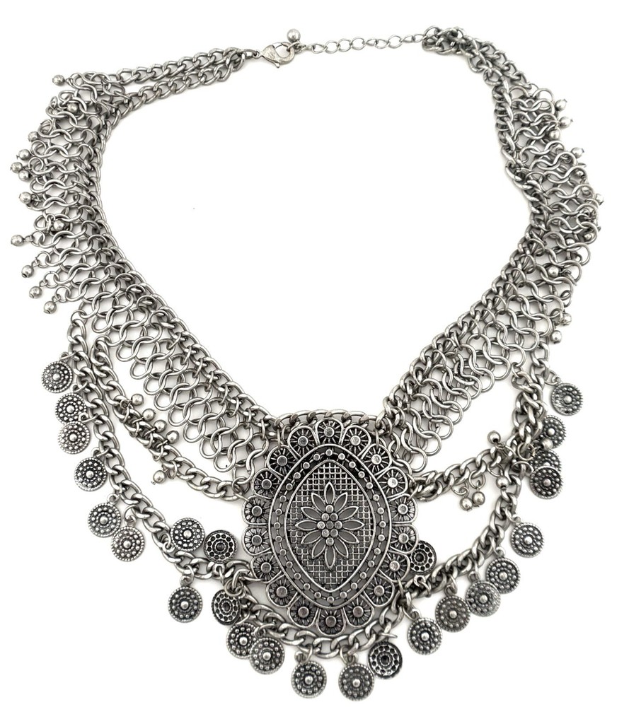 Vintage Silver Tone Boho Bib Statement Necklace Coin Fringe Adjustable 17-20″