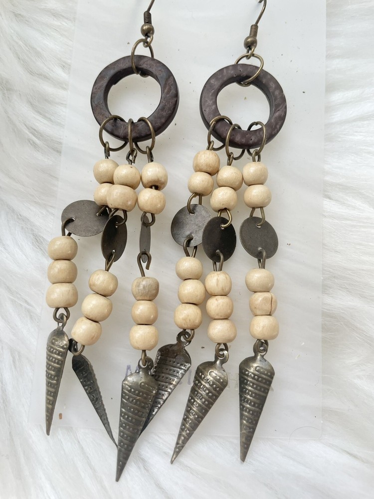 Y2K Bohemian Dangle Wood Beaded Earrings NEW Vintage