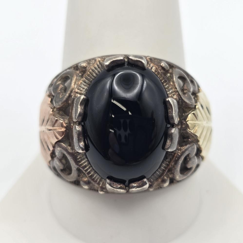 Vintage Coleman Black Hills Gold 925 Sterling Silver & 12K Onyx Leaf Ring sz 11