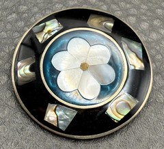 Vintage Mexico Alpaca Silver Mother of Pearl Abalone Flower Brooch Pin Boho