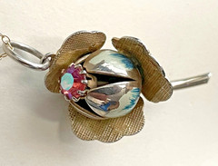 Vintage Metal Enameled Floral Pendant with Rhinestone and 925 Cable Chain.