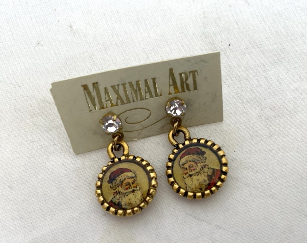 Vintage MAXIMAL ART John Wind SANTA CLAUS 14 kt Gold-plated EARRINGS / 2001 NWT