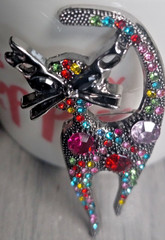 Silver Tone Multi Colored Rhinestone Cat Brooch