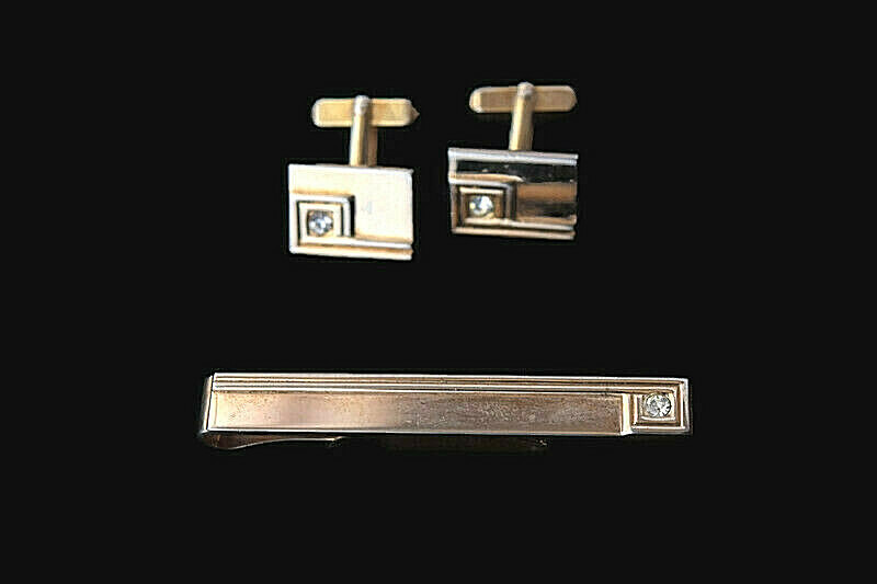 Vintage Gold Tone Swank Cufflinks and Tie bar Clip w/ Rhinestone Accents