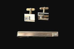 Vintage Gold Tone Swank Cufflinks and Tie bar Clip w/ Rhinestone Accents