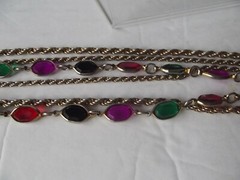 Triple Graduated Chain Necklace Purple green red black Bezel Set crystals vtg