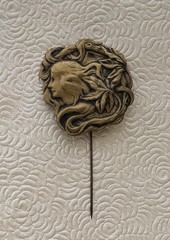 Vintage Art Nouveau style Lady Face Stick Pin brass tone metal