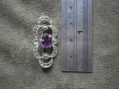 Purple Stone & Marcasite Vintage Silvertone Brooch Pendant 4.1g ~ FLAW